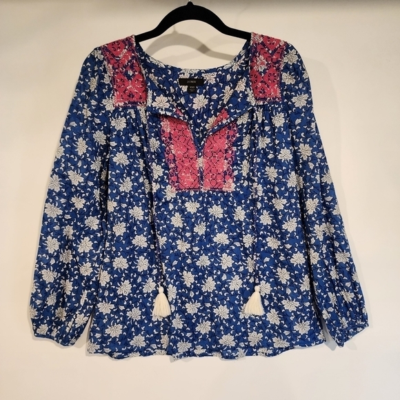 J. Crew Embroidered Cross Stitch Cotton Voile Top Floral Tassels Lightweight XXS - Picture 3 of 12
